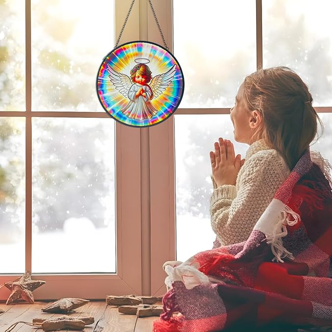 Praying Angel Decor Handmade Stained Glass Suncatcher - Rainbow Maker Stained Glass Suncatchers W/Metal Chain - Spiritual Angelic Gift for Women Christmas Thanksgiving Housewarming Gifts