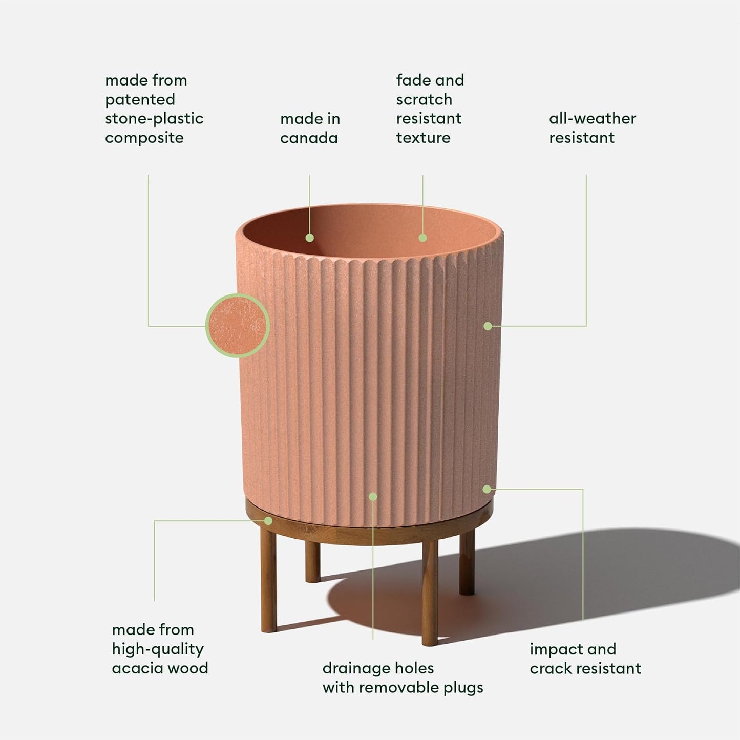 Veradek Demi Series Round Planter w/Stand for Porch/Patio | Durable Plastic-Stone Composite & Wooden Stand | Modern Décor for Tall Plants, Flowers