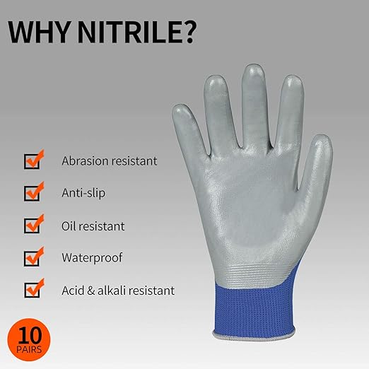Vgo... 10-Pairs Safety Work Gloves, Gardening Gloves, Non-slip Nitrile coating, Dipping Gloves (Size L, Blue, NT2110)