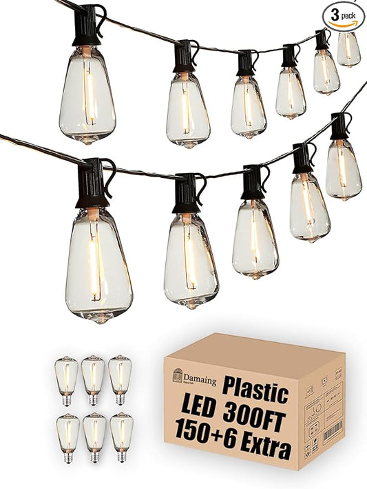 DAMAING String Lights for Outside 300FT shatterproof connectable Patio Lights Outdoor 3 Pack x 100FT with 156 PCS Vintage dimmable LED Edison Bulbs,Waterproof Hanging Lights for Backyard,Deck