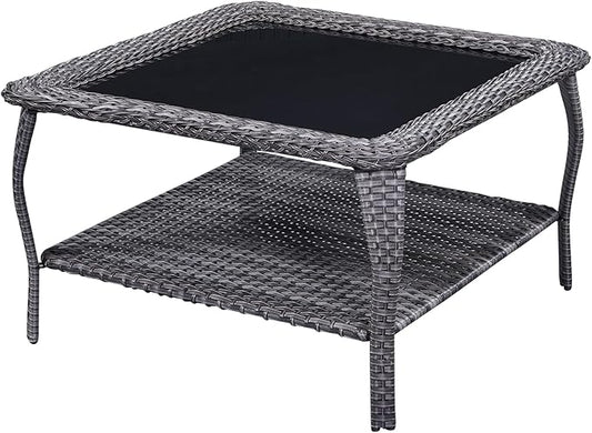 Patio Tables Outdoor Coffee Table - Wicker Rattan Coffee Tables with 2-Tier Storage Shelf Glass Top for Proch Deck Balcony Garden Squre Mixed Grey