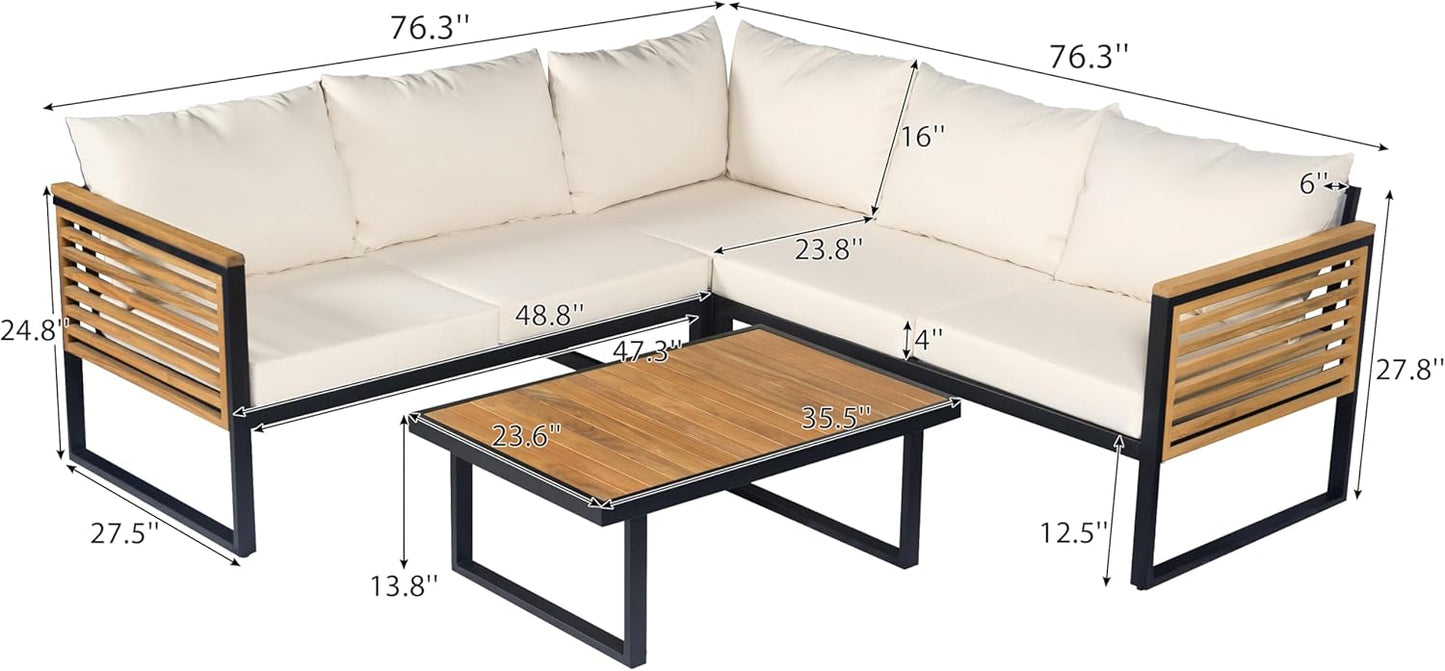 Outdoor Patio Furniture Set, 4-Piece Acacia Wood and Metal Patio Sofa Corner Set with Coffee Table, Modern Conversation Set for Backyard Porch Garden Balcony