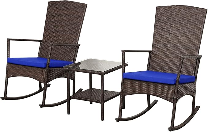 Outdoor Rocking Chairs Set - 3 High-Backed Patio Rockers with Bistro Table & Anti-Slip Cushions, Dark Blue
