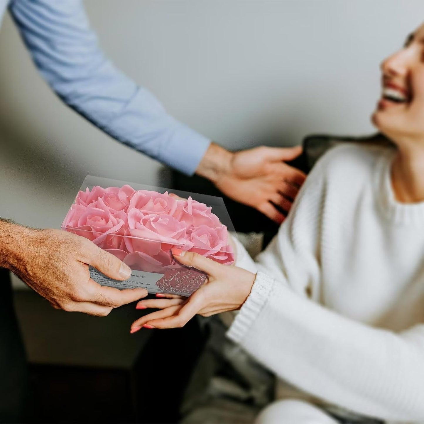 Artificial flower real touch roses feel and look realistic fake roses with short stems, suitable for gift, for wife girlfriend mom friends, Indoor home table，cake, hotel, car decoration (pink)