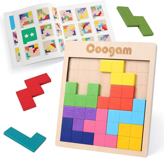 Coogam Wooden Puzzle Pattern Blocks Brain Teasers Game with 60 Challenges, 3D Russian Building Toy Wood Tangram Shape Jigsaw Puzzles Montessori STEM Educational Toys Gift for Kids Adults