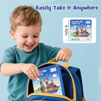 60PCS Mini Magnetic Tiles Travel Set with Metal Storage Box, Magnetic Blocks Kids Toy 3D Clear Magnetictiles Road Trip ‌Essentials Montessori Preschool Classroom Must Haves Xmars Gift for Age 3+
