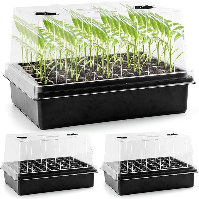 Seed Starter Tray with Tall 5'' Dome-Deep Cell Large Plant Germination Trays, Heavy Duty Seed Starting Kit, 3 Packs(162 Cells) Plant Seedlings Tray with Lid for Balcony Greenhouse (54 Cells per Tray)