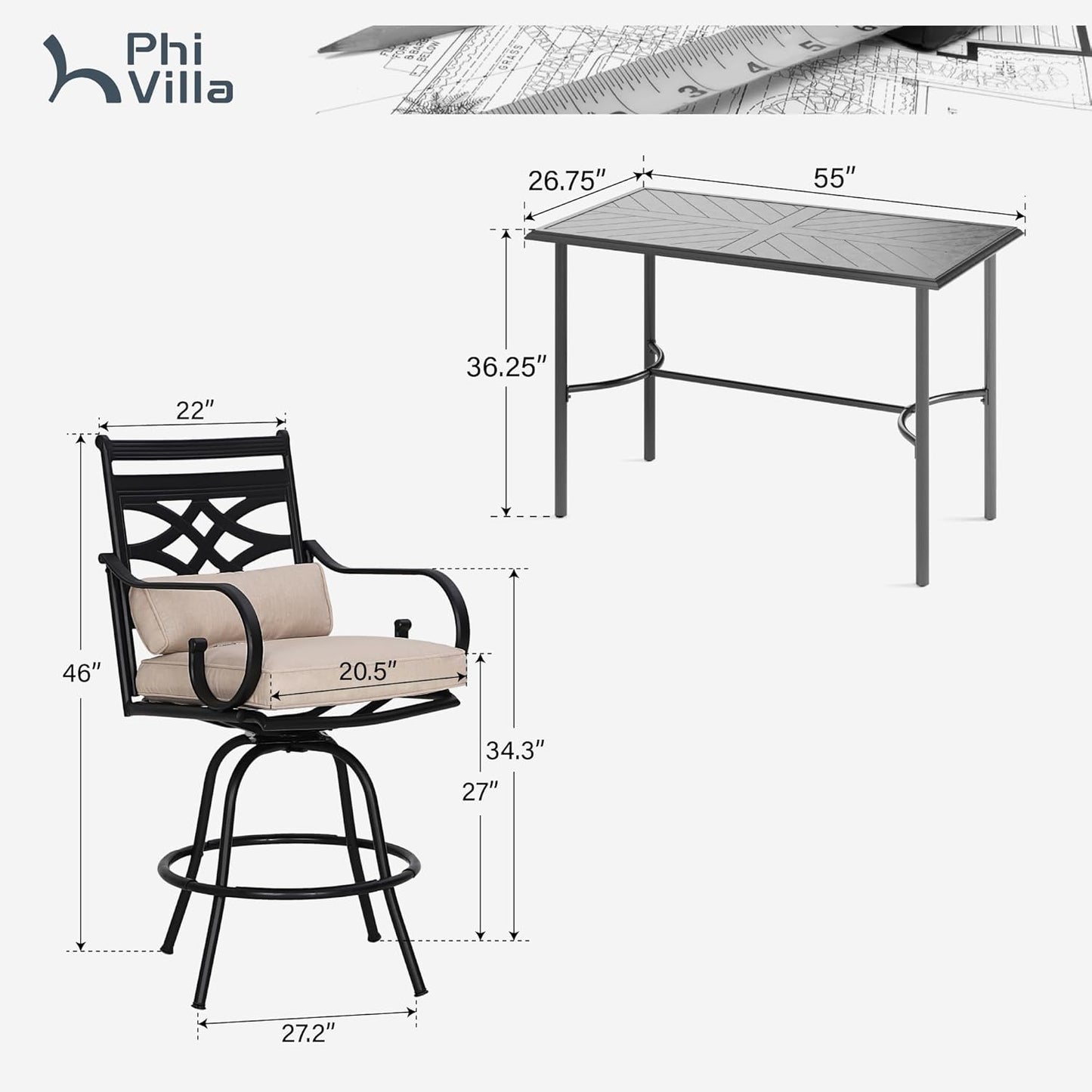 PHI VILLA 5 Piece Patio Bar Set,Outdoor Bar Table and Chairs Set, Strong and Heavy Duty Outdoor Bar Set with Cushion and Pillow，4PC Swivel Bar Stools with Rectangular Bar Height Table