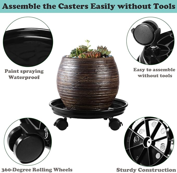 6 Packs Plant Caddy with Wheels 12" Plastic Rolling Plant Stands Heavy-duty Plant Dolly with Casters Indoor and Outdoor Plant Roller Base Large Heavy Plant Pot Saucers with Wheels Plant Movers