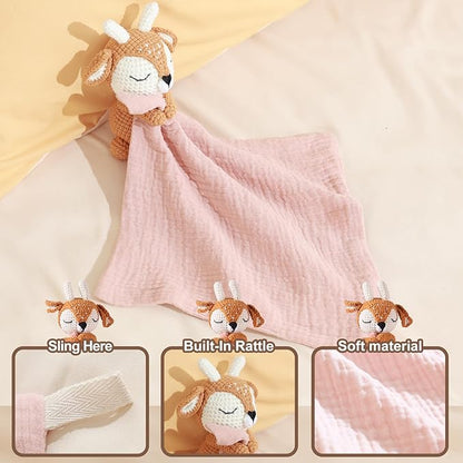Baby Animal Plush Toys with Rattle, Baby Hand Knitted Animal Security Blankets, Soothing Toys, Gifts for Boys and Girls 12 inch