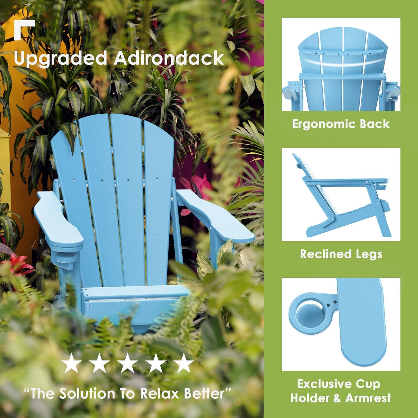 GREENVINES Folding-Adirondack-Chairs-Set-of-2 | HDPE Plastic | Fire Pit Chair | All Weather | Cup Holder | Arctic | for Deck Backyard Patio Outdoor Garden