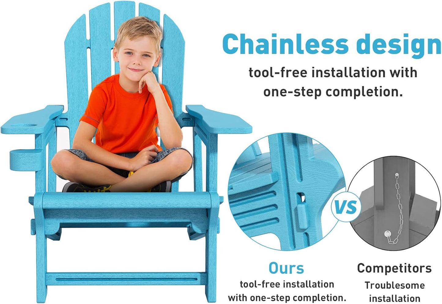 Adirondack Chairs Set of 2, Tool-Free Assembly All-Weather Plastic Adirondack Chairs, HDPE Fire Pit Chairs with Cup Holder, Outdoor Chair for Patio Garden（Lake Blue）