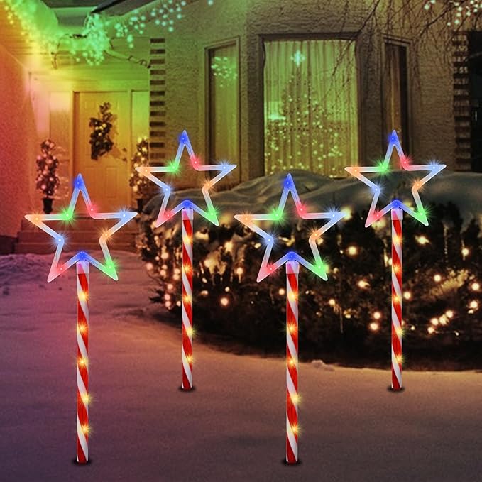 Solar Pathway Lights Outdoor, Landscape Multi-Color Pathway Star Lights with Red Stake, 8 Pack 120 LED Solar Walkway Light for Yard Path Garden Patio Lawn Decor