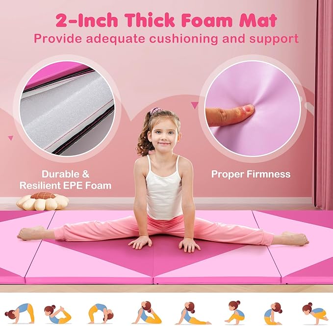 Giantex 4'x10'x 2" Gymnastics Mat, 4-Panel Folding Aerobics Exercise Mat w/Hook & Loop Fastener, Carrying Handle, Portable Tumbling Mat for Stretching Yoga Cheerleading Martial Arts