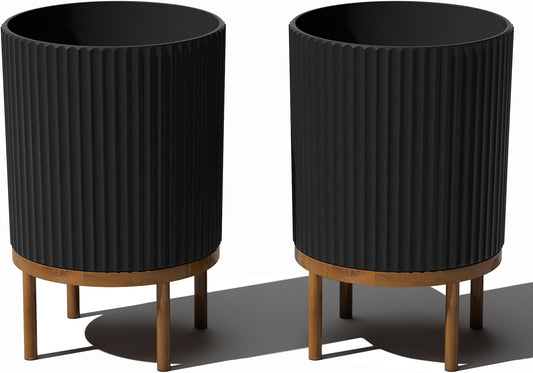 Veradek Demi Series Round Planter w/Stand for Porch/Patio | Durable Plastic-Stone Composite & Wooden Stand | Modern Décor for Tall Plants, Flowers