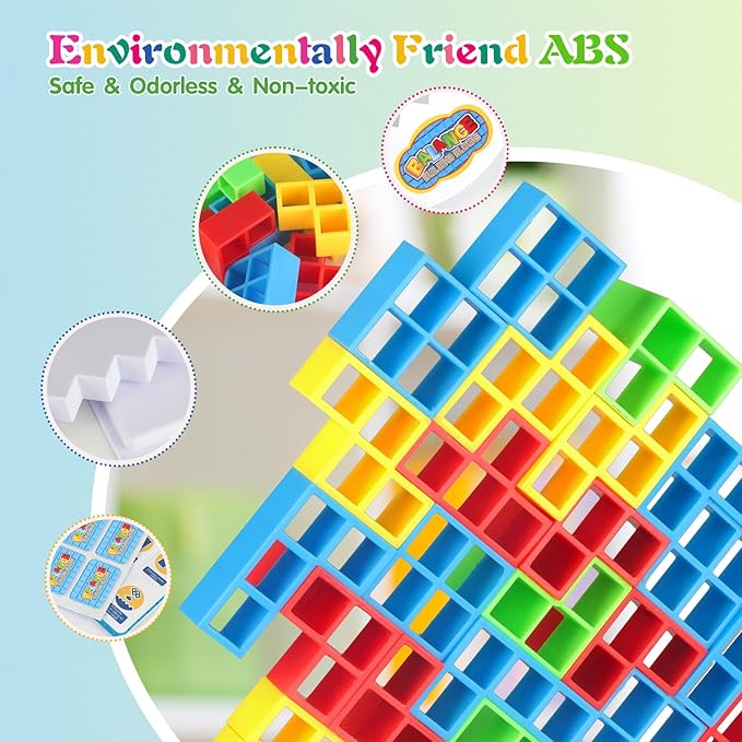 64Pcs Tetra Tower Game, Family Board for 2 Players Family Games, Building Blocks Stacking Balance Games Toys for Kids, Adults, Friends, Classroom, Family and Travel Party