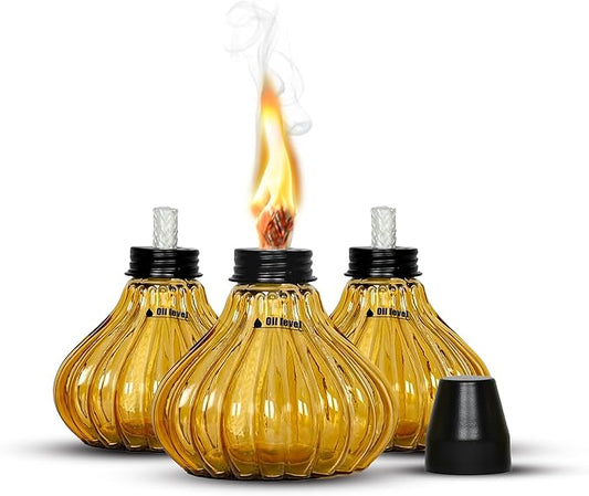 Deco Window Pack of 3 Table Torch for Indoor Outdoor Citronella Oil Tabletop Glass Lamp Landscape Yellow Lantern with Fiberglass Wick & Cap for Patio Garden Yard Party Decor Light