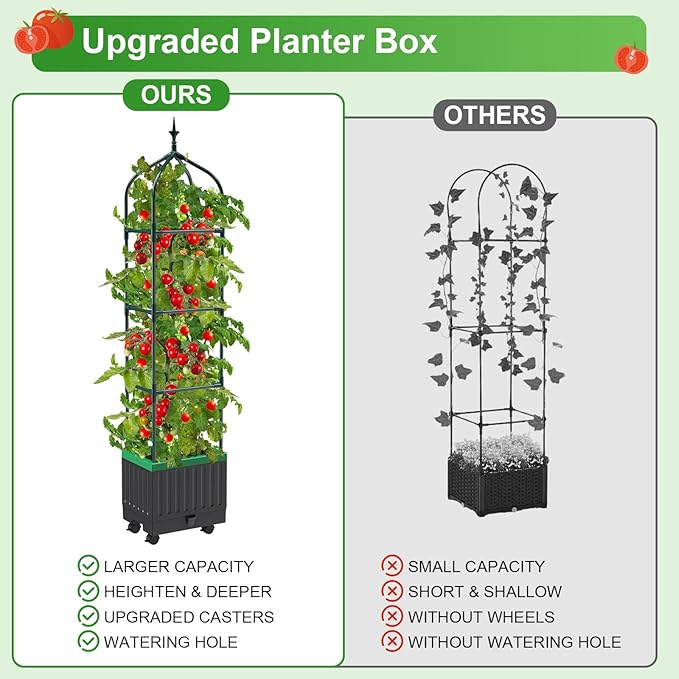 Raised Garden Bed Planter Boxes with Trellis,1pcs 70.9"Self-Watering Tomato Planter Boxes with Trellis for Climbing Vegetables Plants Flowers Tomato with Wheels,Use for Indoor Outdoor (Black)