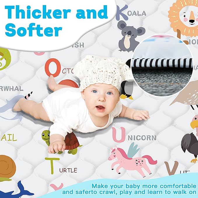 Baby Play Mat，Thick Soft 71" X 79" Playpen mat, Non-Slip and Machine Washable Baby Play Mats for Floor，Crawling Mat for Babies, Toddlers & Infants to Play and Learn (Animal Alphabet-A)