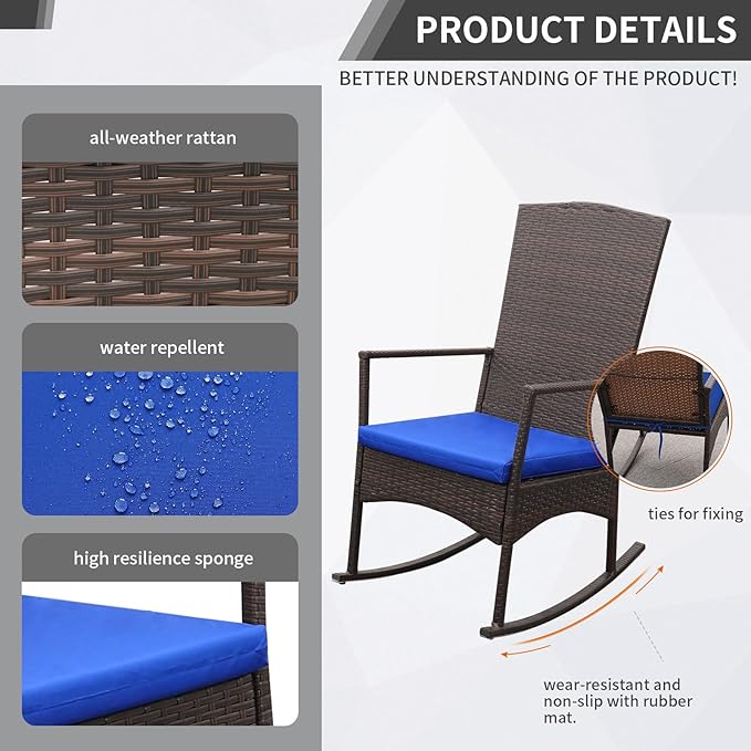 Rocking Chair Outdoor 3 Pieces High-Backed Patio Rocking Chairs Bistro Table and Chairs Set of 2, Royal Blue