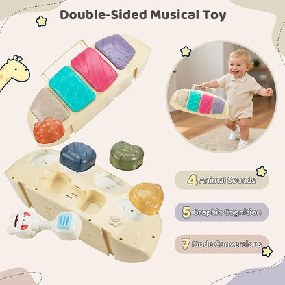 Baby Play Gym Mat with Multifunction Piano Music Box, Rocking Egg-Shaped Baby Activity Gym, Baby mat for floor with 4 Hanging Sensory Baby Toys, Early Sensory Development Play Mat for Infant & Newborn