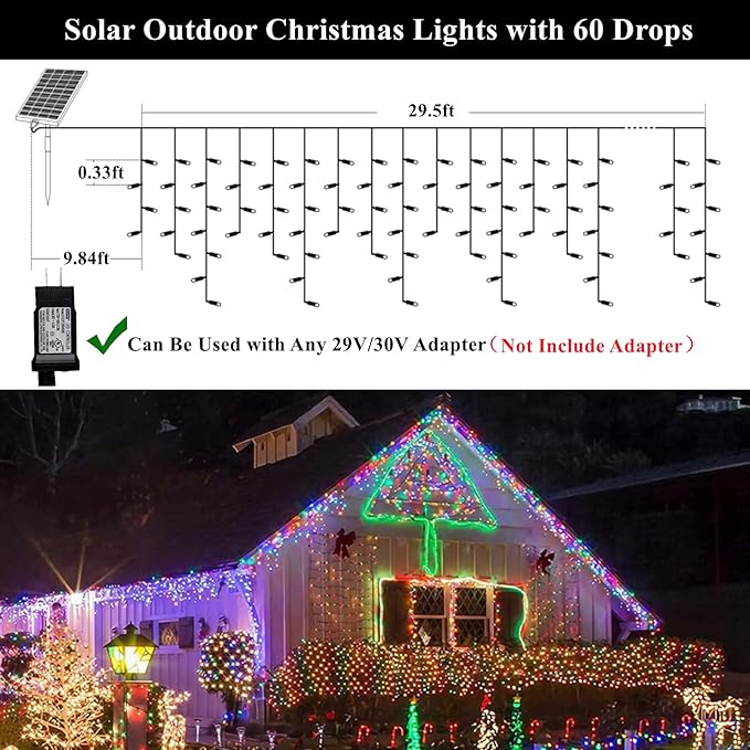 Solar Christmas Lights Outdoor Waterproof Christmas Decorations Curtain Lights 320LED 29.5ft 60 Drops, Solar Powered Rechargeable Fairy Lights for Party, Holiday, Wedding Decorations(Multicolor)