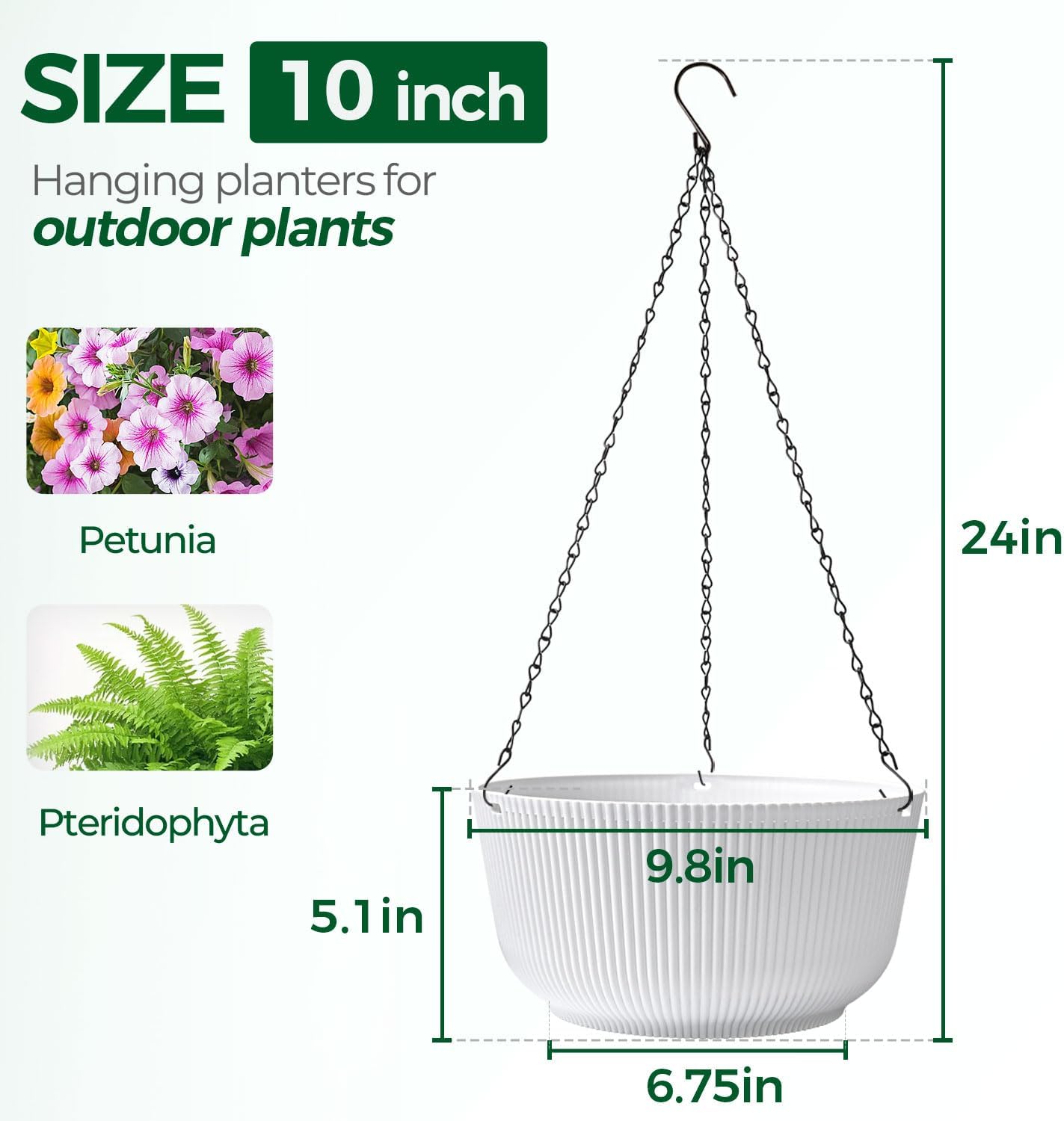 T4U 10 Inch Hanging Planters for Indoor Outdoor Plants, 2 Pack White Self Watering Hanging Plant Pot, Hanging Pots Set with Drainage Hole & Plug & Chain with 3 Hooks for Garden Home Decor