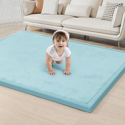 ACOMOPACK Baby Play Mat for Floor 1.3" Thick Memory Foam Play Mat 39"×59" Tummy Time Crawling with Non-Slip Bottom for Living Room,Nursery,Soft Velvet Playpen Mats for Kids,Infants（Light Blue）