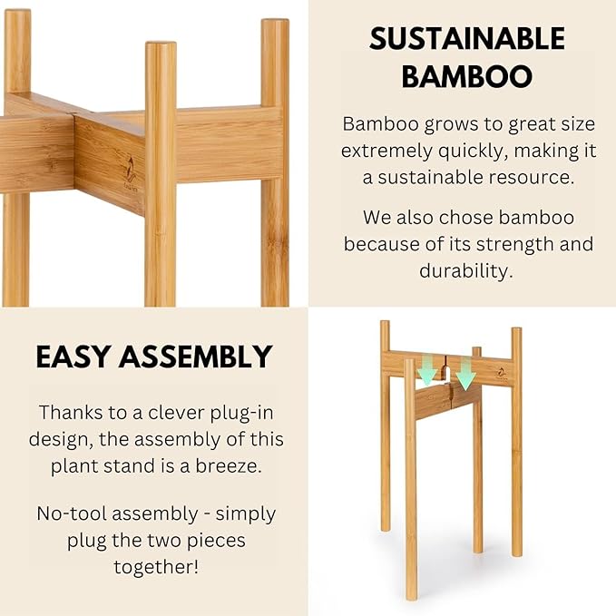 Fox & Fern Mid Century Tall Plant Stand — 10 Inch Fixed Size Raised Bamboo Plant Stand for Indoor Pots; Modern Flower Pot Holder with Plug In Design; Easy to Assemble; Two Height Options - Bamboo
