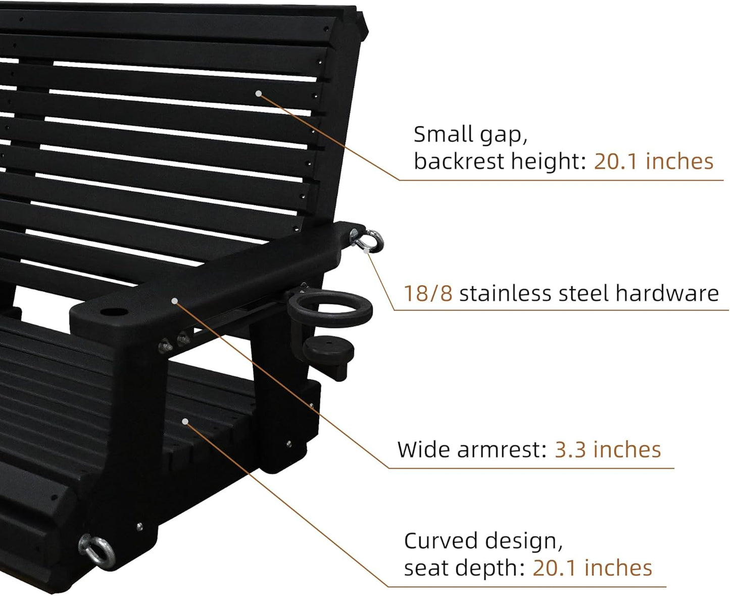 HDPE Porch Swing with 18/8 Stainless Steel Bolts, Ergonomic Design, Ultra Weather-Resistant, Heavy Duty 1200 LBS, for Outdoor Patio Garden Yard (Darknight Black)