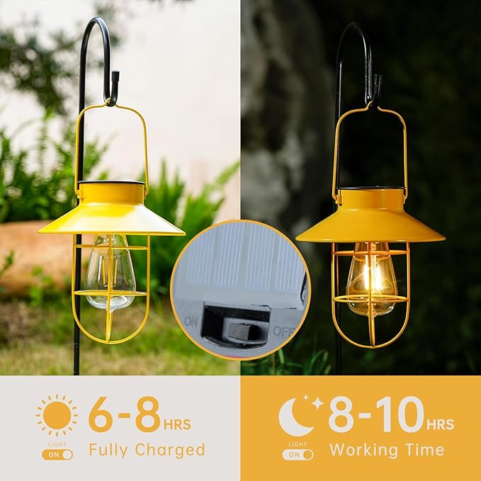 Solar Lights Lantern Lamp with Shepherd Hook, Solar Metal lanterns, outdoor lights decor, Water resistant Edison Bulb Lights for Garden ,outside decor for pathways,patio, lawn, or landscaping (Yellow)