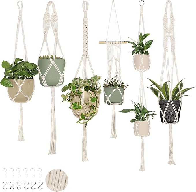 Nook Theory 6-Pack Macrame Plant Hanger - 12 Ceiling Hooks - Plant Hanger Indoor - Hanging Plant Holder - Hanging Planters for Indoor Plants - Boho Plant Hanger - Plant Hangers Indoor (Cream)
