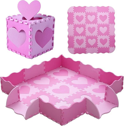 Foam Play Mat for Kids, 25pcs Square Interlocking Puzzle Floor Mat, Baby Toddler Playmat with Fence - Pink Heart