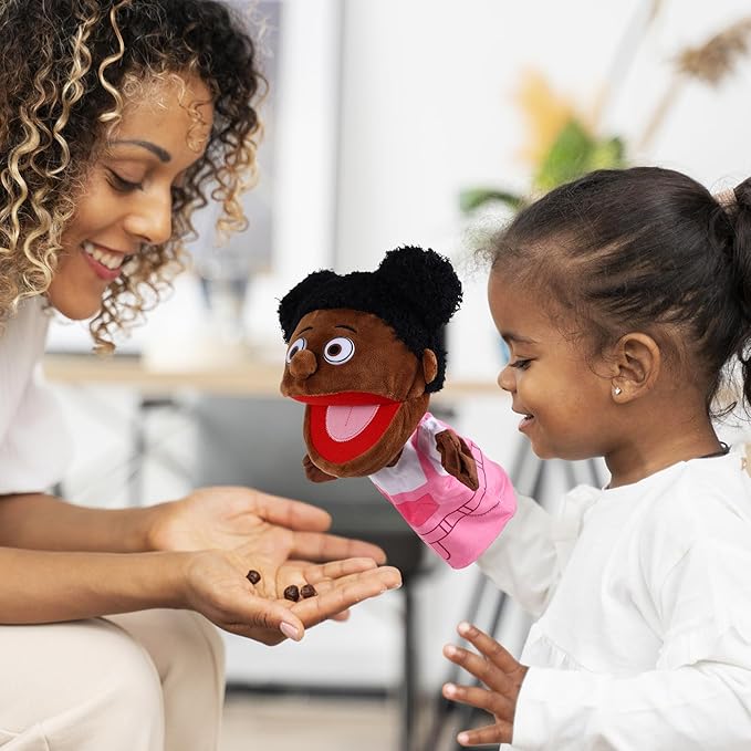 1 Pcs Family Hand Puppets 13 Inch Grandparents, Mom & Dad, Brother & Sister Plush Hand Puppet Toys Role-Play Toy Puppets for Kids Storytelling Imaginative Pretend Play Teaching Preschool(Black Sister)