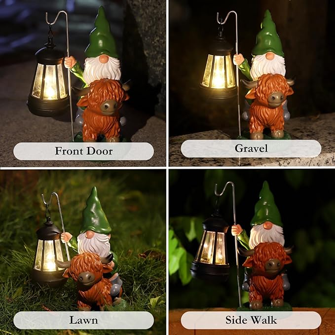 Garden Gnomes Outdoor, Highland Cow Decor, Gnome Garden Decor with Solar Lights, Gnomes Cow Decor for Outside, Gnomes Decorations for Yard, St Patricks Day Gnomes Decorations(Green)