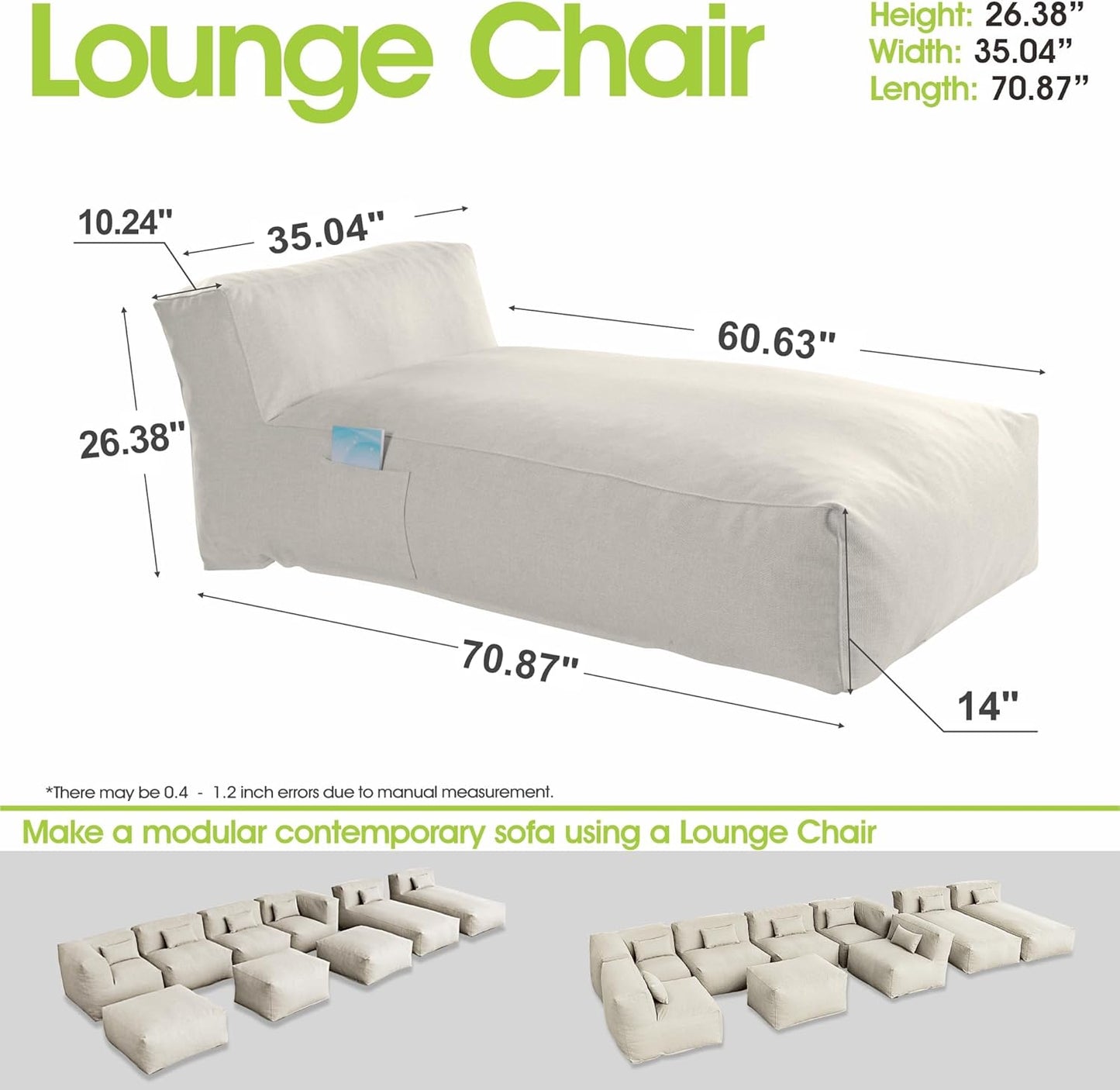 Outdoor Bean Bag Lounger Chair, Big Comfy Outdoor Daybed for Sunbathing and Tanning - Water-Resistant Patio Chaise and Pool Sun Lounger Furniture for Beach Deck (Ivory)