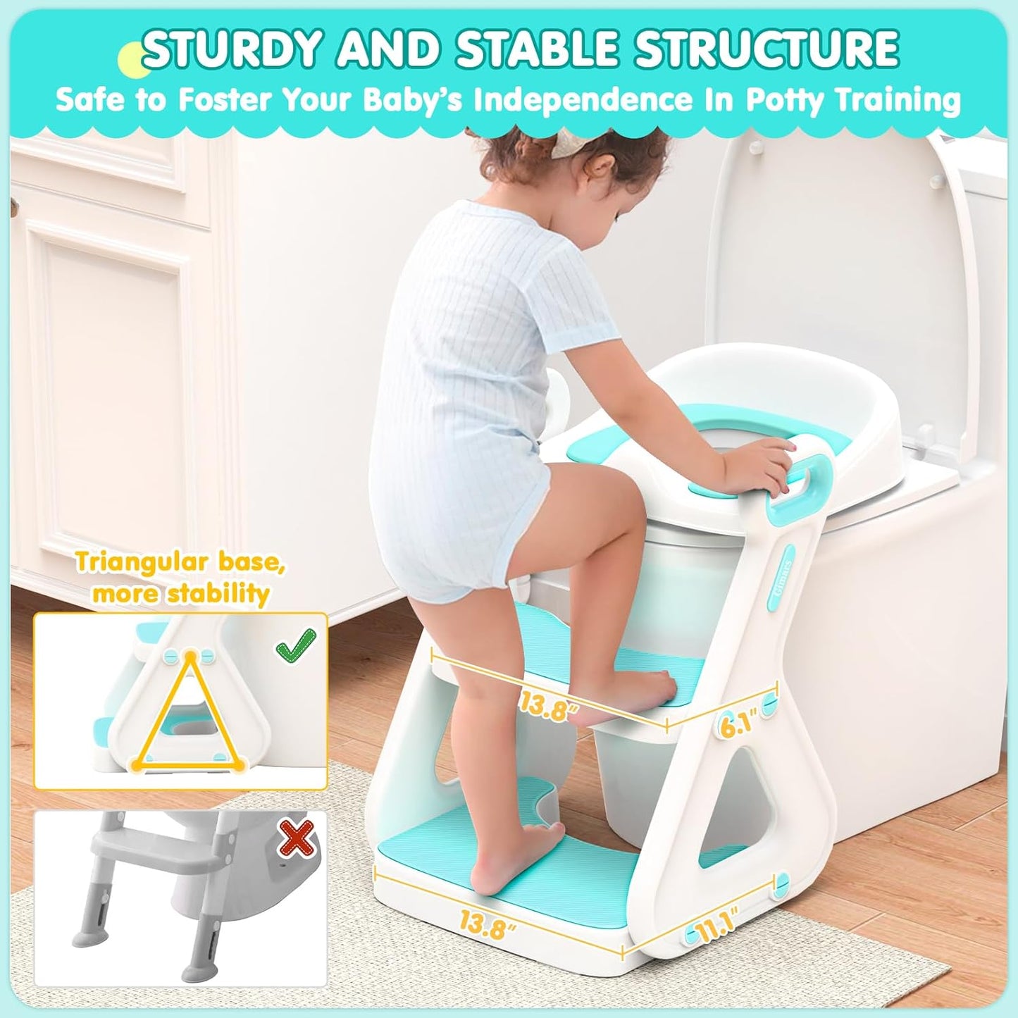 Gimars Upgrade Ultra-Stable 2 In 1 Multifunctional Toddler Potty Seat For Toilet with Setp Stool, Potty Traning Toilet For Boys Girls With Widened Ladder,Comfortable Safe Potty Seat With Handrail,Aqua