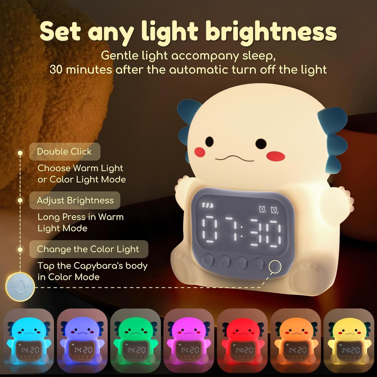 Axolotl Alarm Clock with Night Light for Kids, 7 RGB Color Cute Alarm Clocks for Bedrooms Ok to Wake Clocks, Silicone Animal Tabletop Lamp for Teen Girls Boys, White
