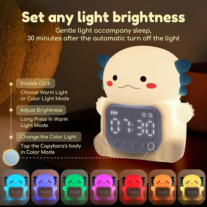 Axolotl Alarm Clock with Night Light for Kids, 7 RGB Color Cute Alarm Clocks for Bedrooms Ok to Wake Clocks, Silicone Animal Tabletop Lamp for Teen Girls Boys, White