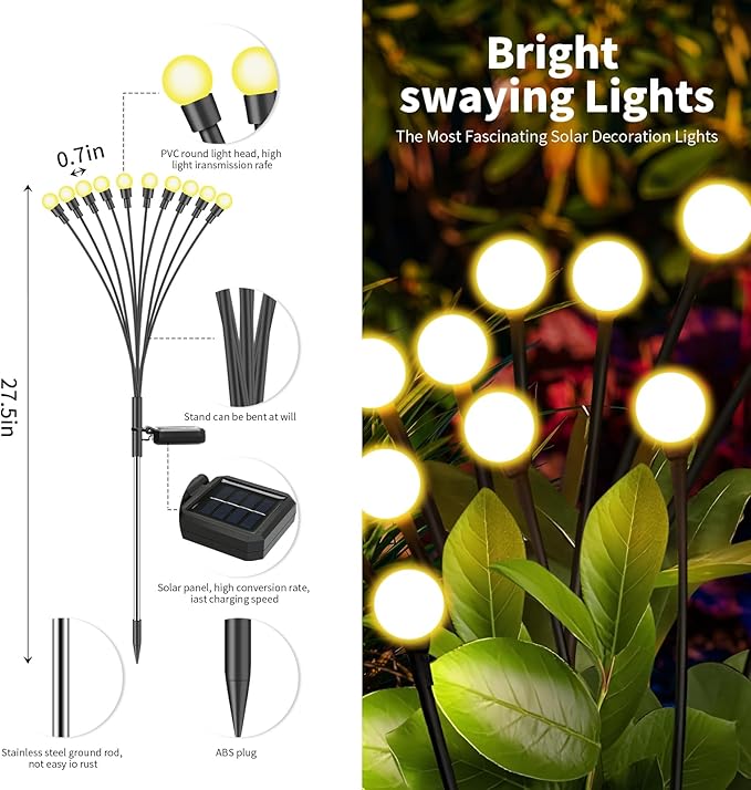 Solar Lights Outdoor (4 Pack-40 LEDs)，Waterproof Garden Fairy Swaying Firefly Lights ，Gifts for Outdoor Decorations，Suitable for Patio, terraces, lawns and Paths
