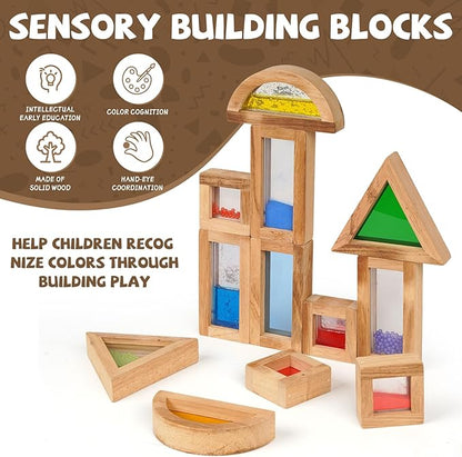 AXEARTE Large Rainbow Sensory Toys Wooden Building Blocks for Toddlers Baby Kids, 16 Pcs Colorful Geometry Stacking Construction Toy Set, Preschool Educational Toy for Boys & Girls