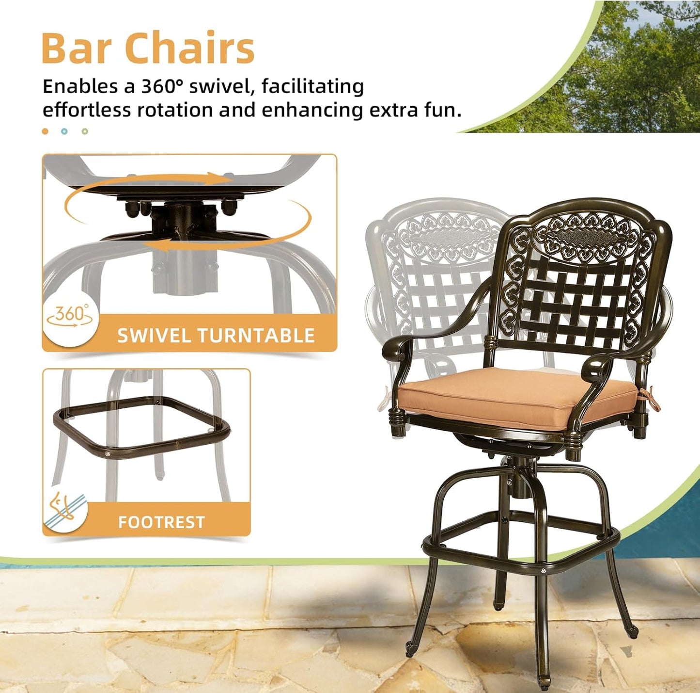 5 Pieces Patio Swivel Bar Set, Patio Bar Table and Chairs Set, All-Weather Cast Aluminum Outdoor Swivel Bar Stools of 4 and 35.4" Bar Table, High Top Bistro Set for Deck, Pool, Garden