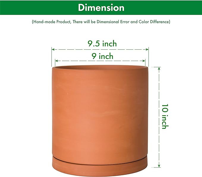D'vine Dev Large 10 Inch Terracotta Plant Pot with Drainage Hole and Saucer, Round Cylinder Planter Pot for Indoor Plants, Set of 2, 40-X-B-5