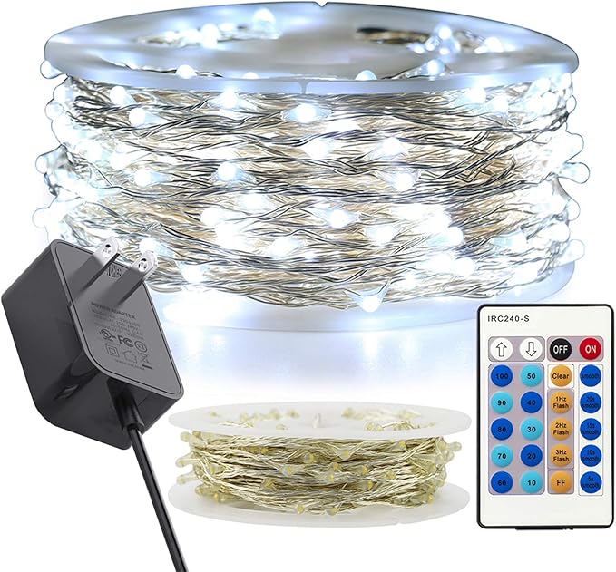 RUICHEN Cool White Dimmable Fairy Lights Plug in, 99 Ft 300 LED Twinkle String Lights with Remote, Waterproof Silver Wire Firefly Lights for Bedroom, Patio, Yard, Christmas, Wedding, Party