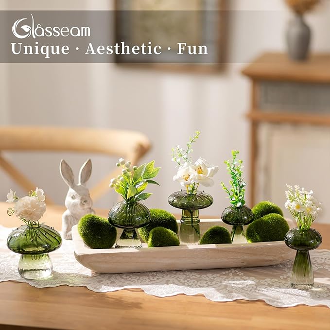 Glasseam Mushroom Plant Propagation Stations: Green Glass Terrarium Jar Set of 5 Cute Planters for Indoor Plants Mini Propagate Station Unique Christmas Birthday Gifts for Women Home Office Decor