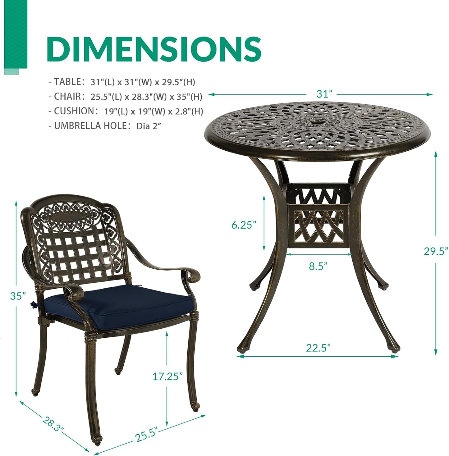 VIVIJASON 3-Piece Outdoor Patio Bistro Set, All-Weather Cast Aluminum Furniture Dining Sets Include 2 Cushioned Chairs and 31" Round Table w/Umbrella Hole for Balcony, Backyard, Navy Blue Cushion