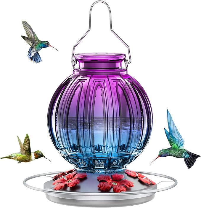 Glass Hummingbird Feeder for Outdoors Hanging, 26Oz Bird Nectar Feeder with Perch & 5 Flower Feeding Ports, Leak Proof for Outside Garden Decor Backyard, Gifts for Women Mom, Purple Blue