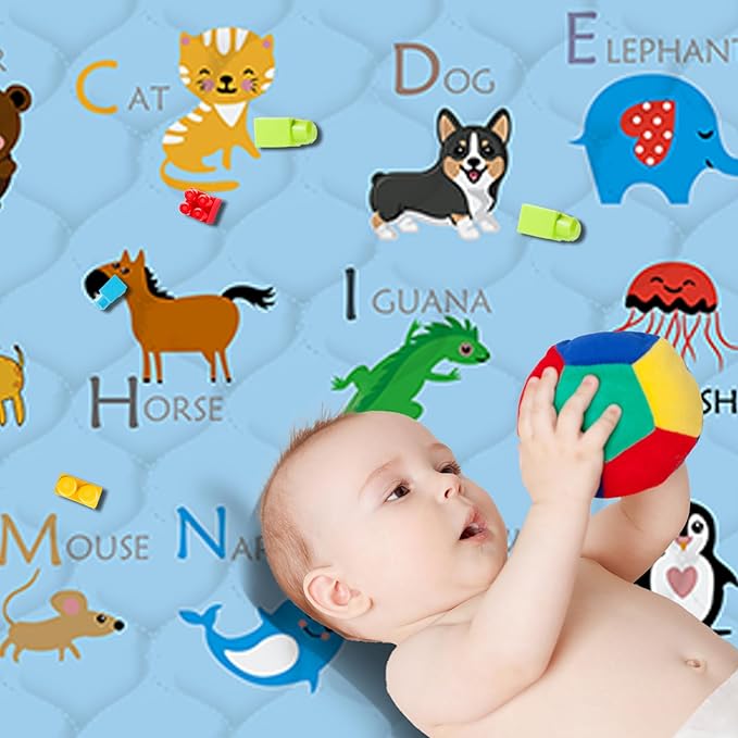 Baby Play Mat，Thick Soft 50" X 50" Playpen mat, Non-Slip and Machine Washable Baby Play Mats for Floor，Crawling Mat for Babies, Toddlers & Infants to Play and Learn (Blue Animal, 50" X 50")