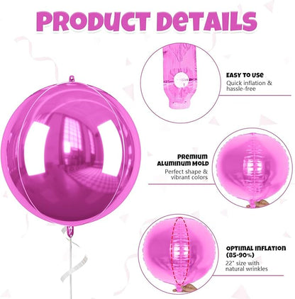 Giant 4D Foil Balloons, 6 Pcs Large Hot Pink Metallic Round Balloons, 22 Inch Big Round Hot Pink Foil Balloon for Kids Girls Prom Birthday Party Baby Shower Wedding Decorations