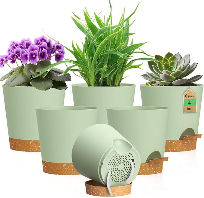 4 inch Self Watering Pots for Indoor Outdoor Plants, 6 Pack Plastic Flower Planters with Drainage Holes and Removable Saucers, Plant Pots with Wicking Rope, Modern Decor, Green Brown